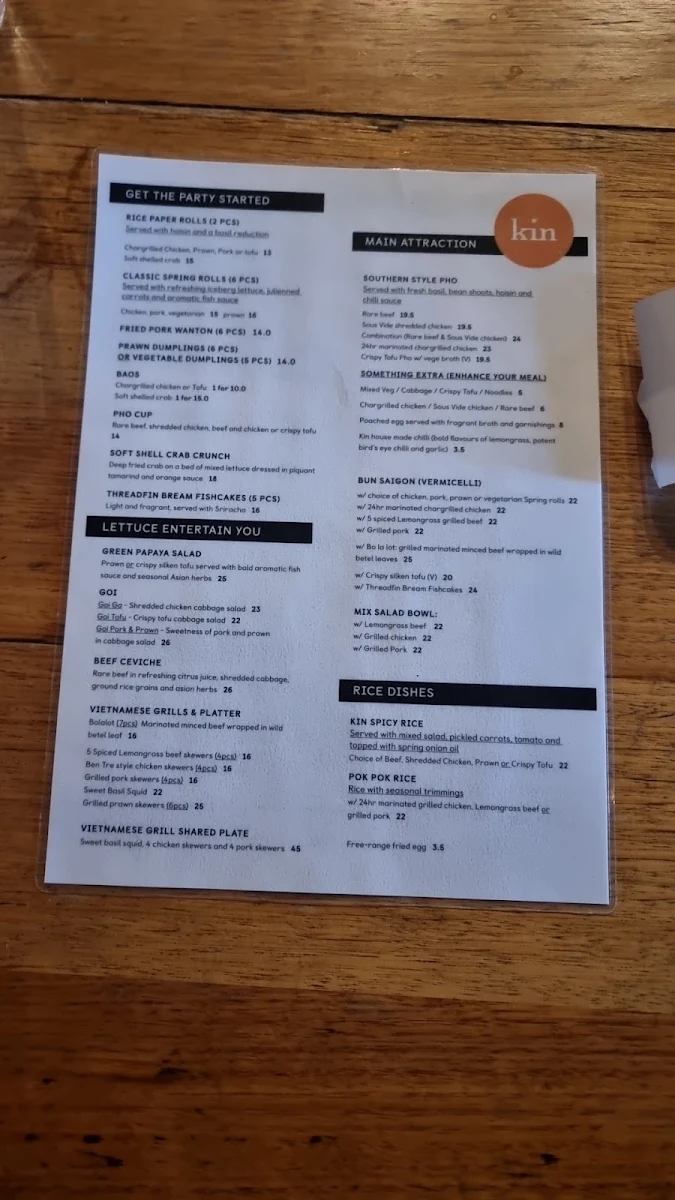Menu, Kin Vietnamese Restaurant