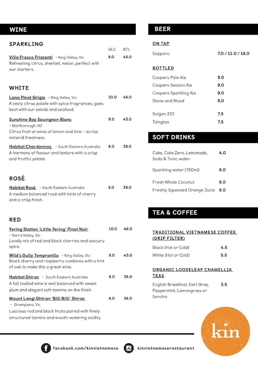 Menu, Kin Vietnamese Restaurant