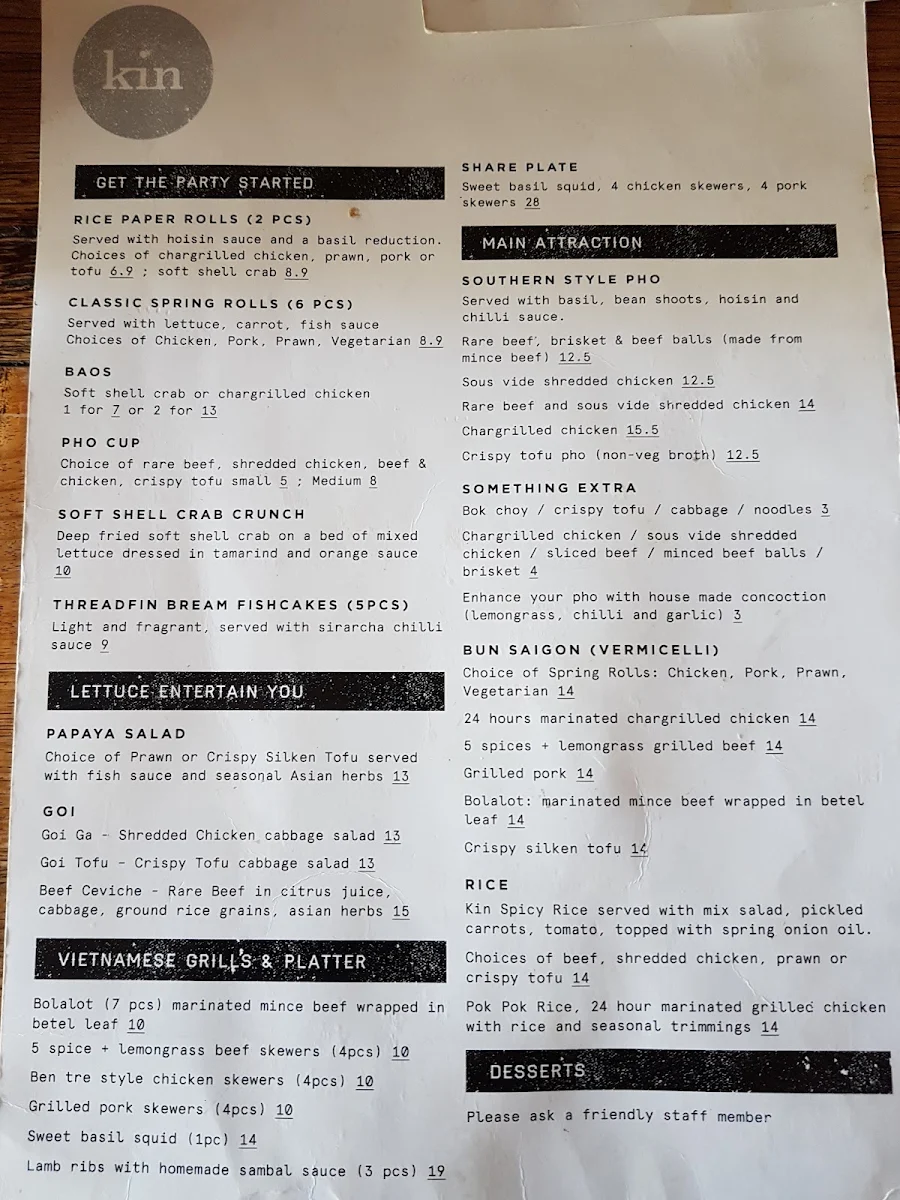 Menu, Kin Vietnamese Restaurant