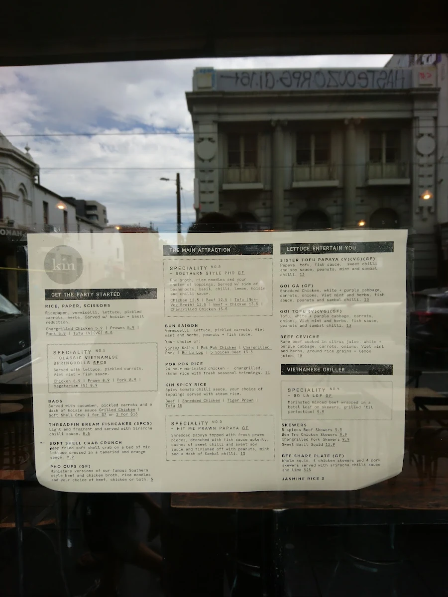 Menu, Kin Vietnamese Restaurant