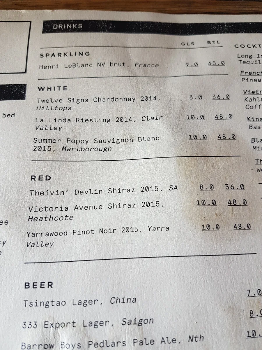 Menu, Kin Vietnamese Restaurant
