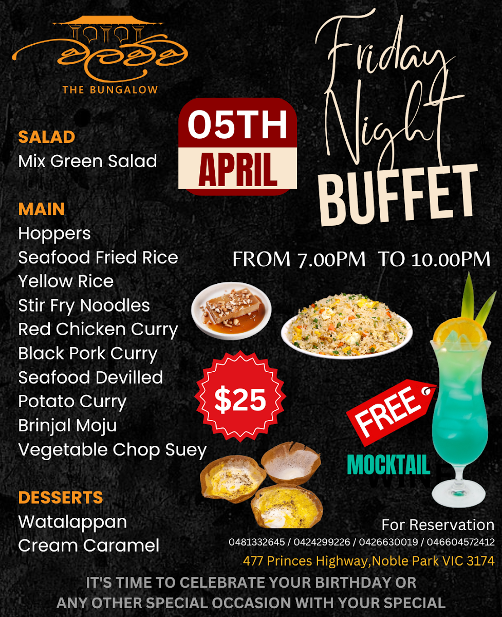 Menu, Walawwa Sandown Regency