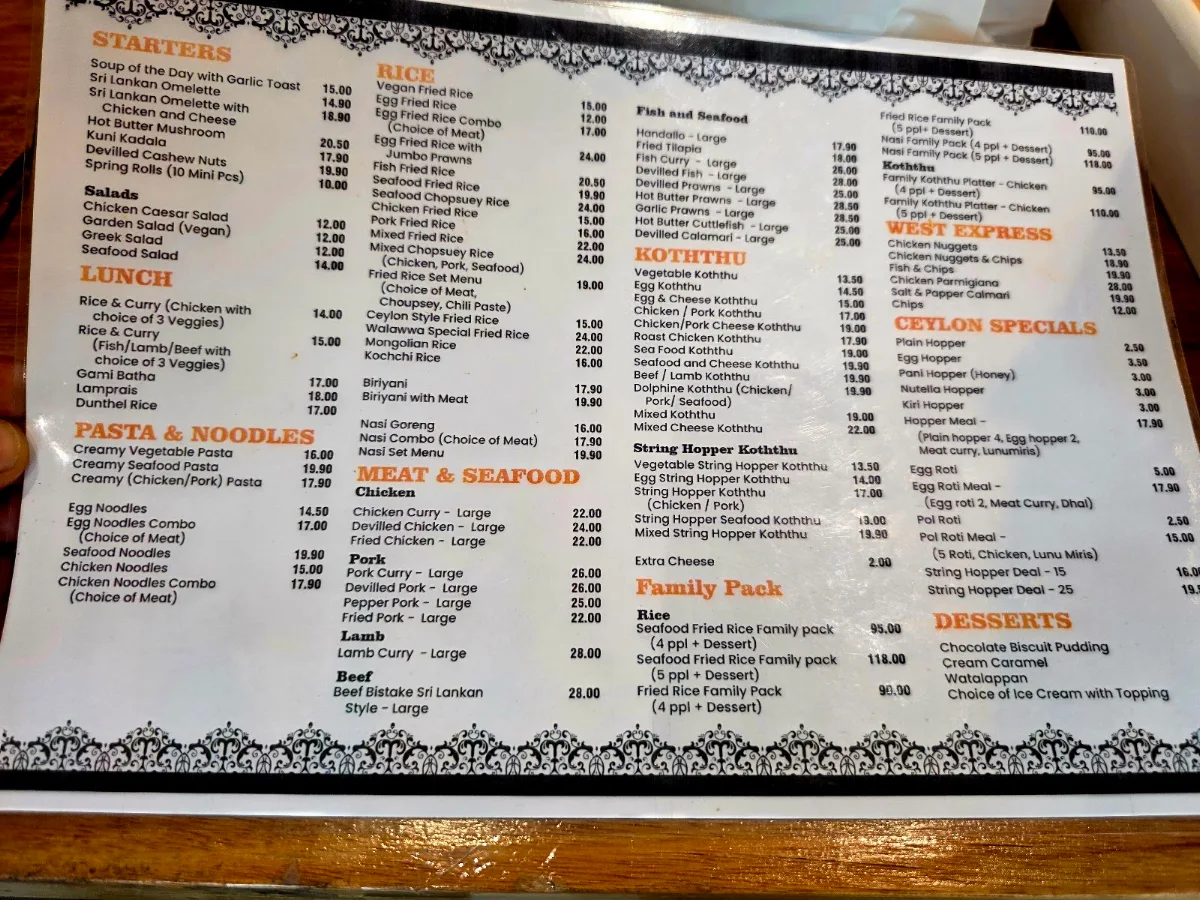 Menu, Walawwa Sandown Regency