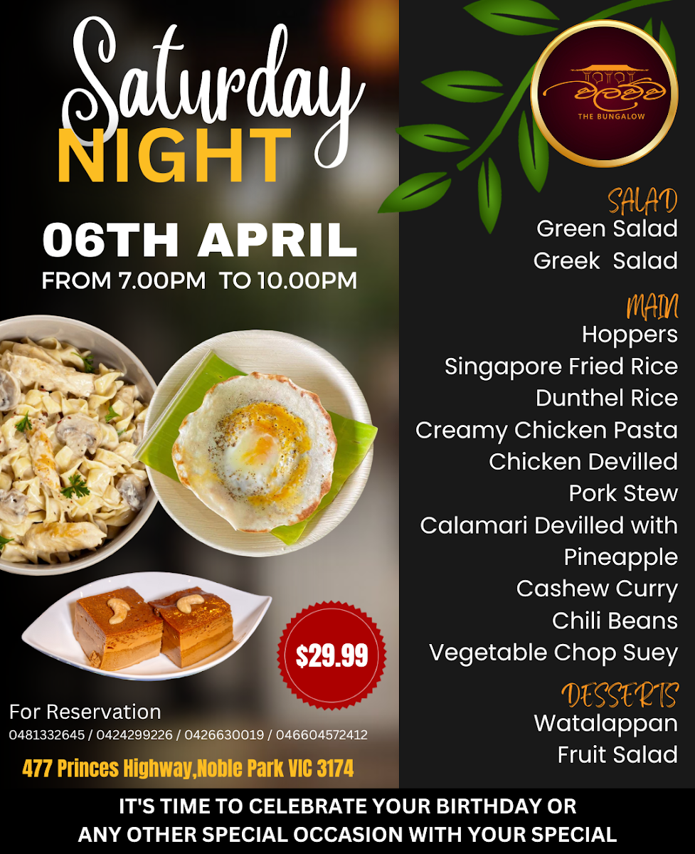 Menu, Walawwa Sandown Regency