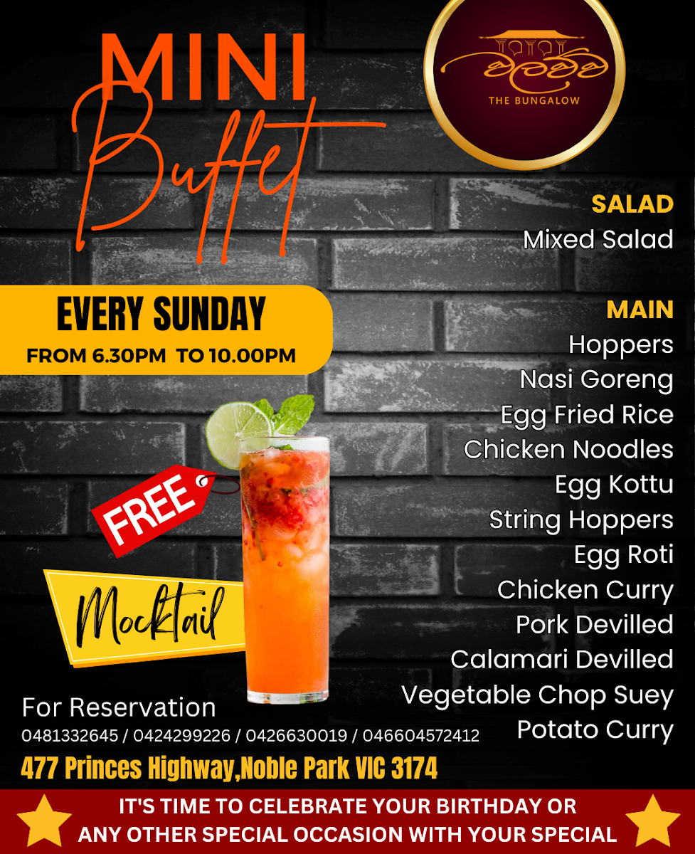 Menu, Walawwa Sandown Regency