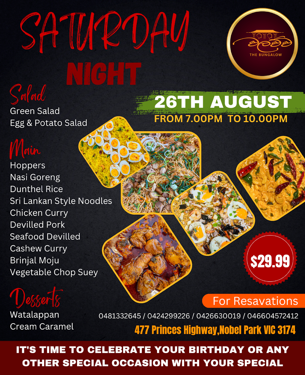 Menu, Walawwa Sandown Regency
