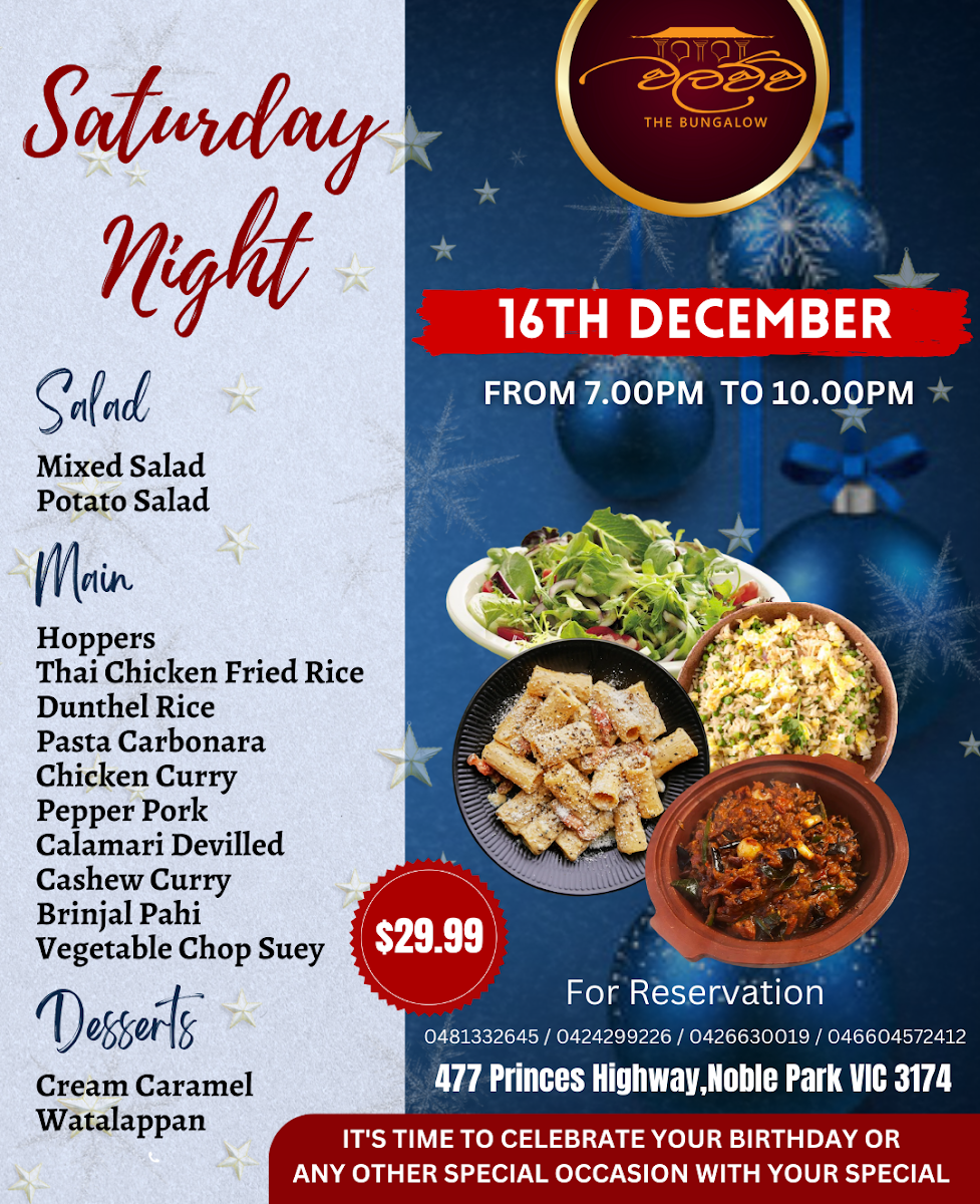 Menu, Walawwa Sandown Regency