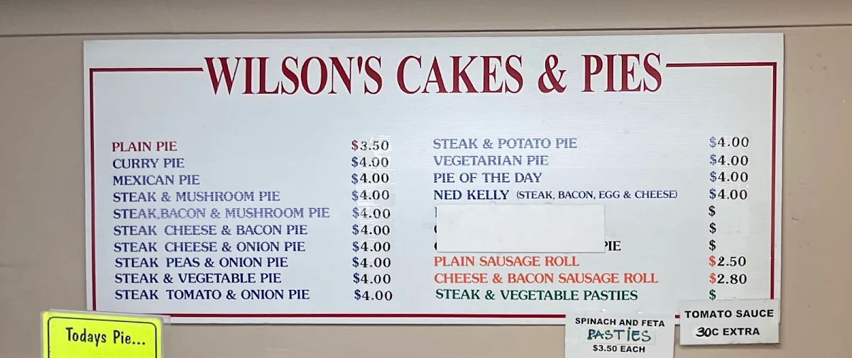 Menu, Wilson's Homemade Cakes and Pies