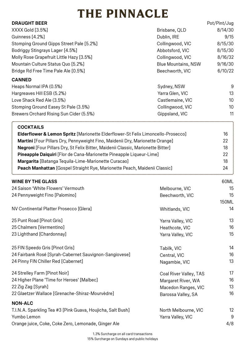 Menu, The Pinnacle