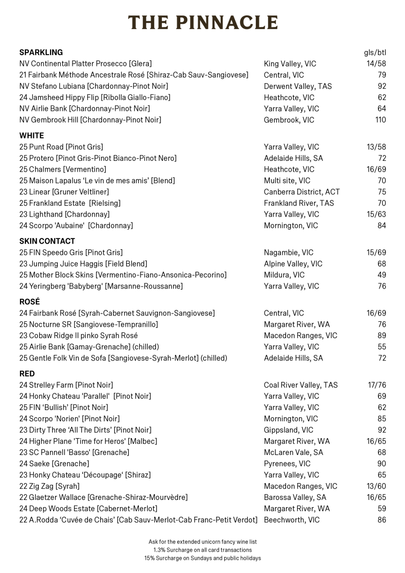 Menu, The Pinnacle