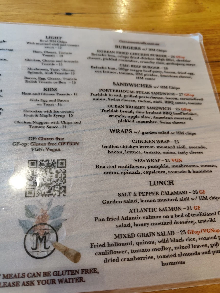Menu, Cocoa Moon Cafe