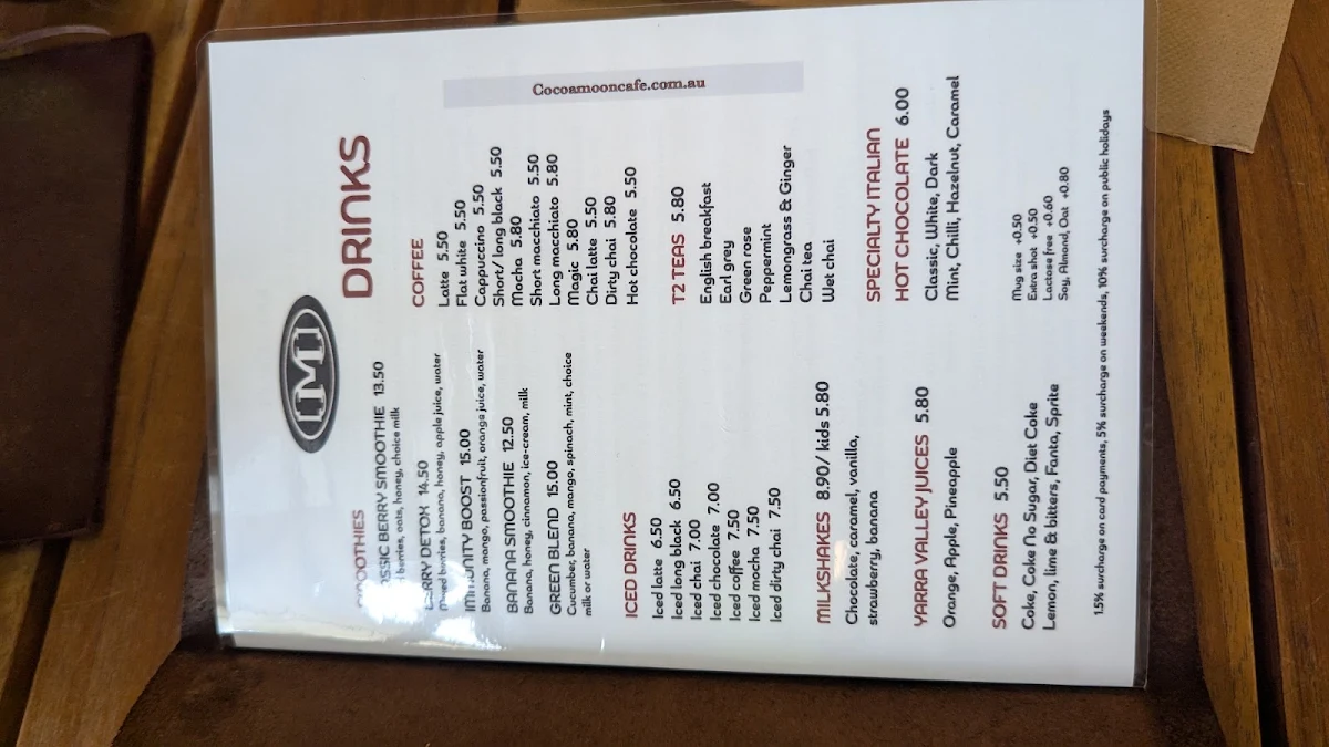 Menu, Cocoa Moon Cafe