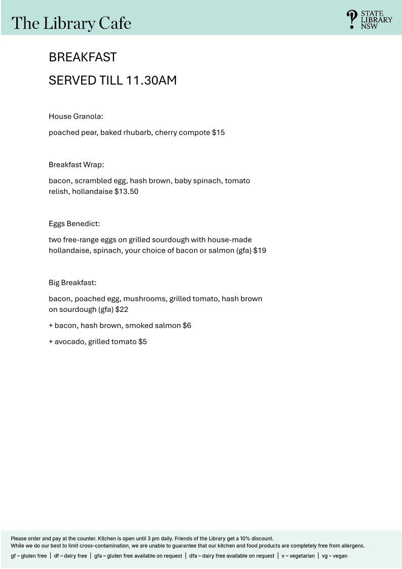 Menu, Library Café