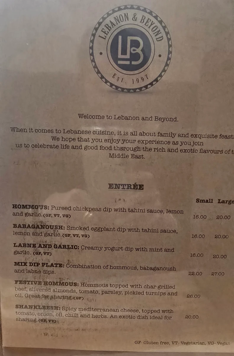 Menu, Lebanon & Beyond