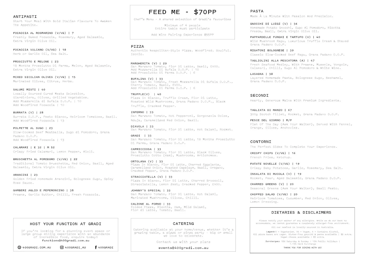 Menu, 400 Gradi - Essendon