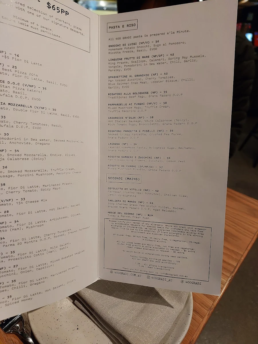 Menu, 400 Gradi - Essendon