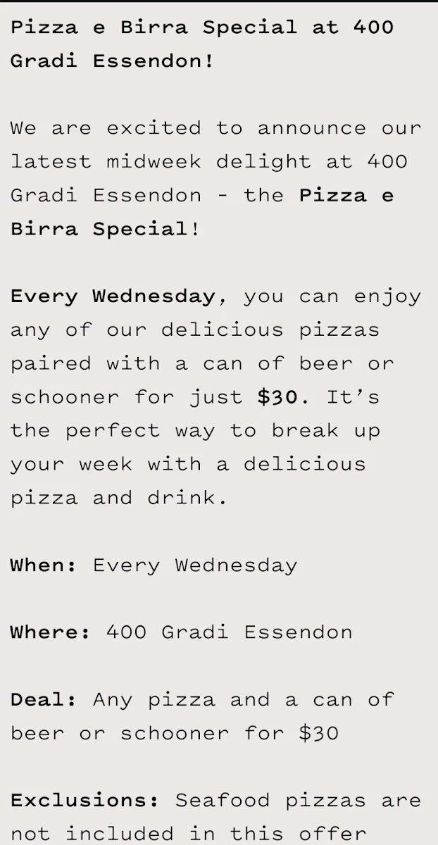 Menu, 400 Gradi - Essendon