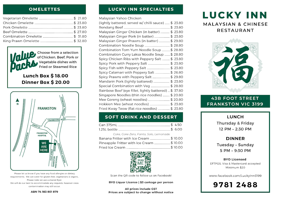 Menu, Lucky Inn