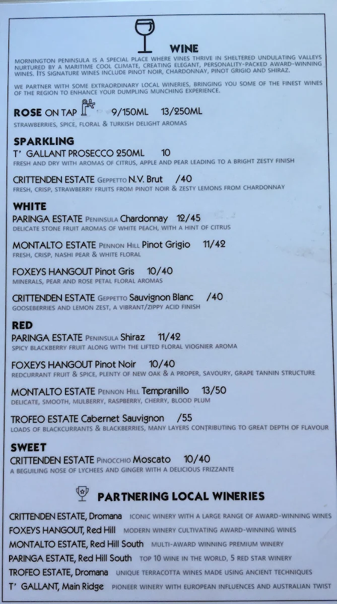 Menu, Lunar Dumpling Bar