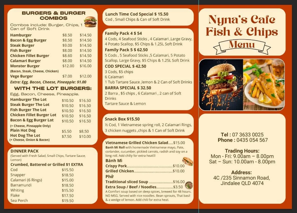 Menu, Nyna’s Cafe Fish & Chips