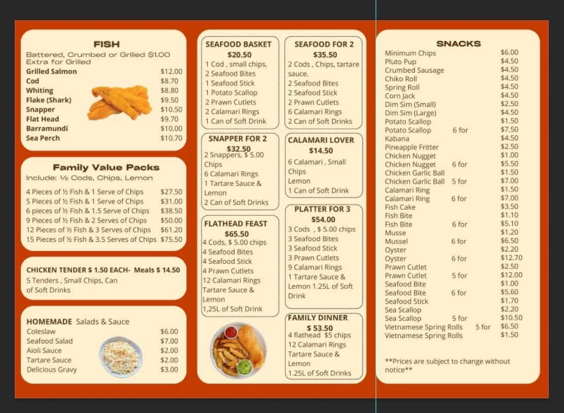 Menu, Nyna’s Cafe Fish & Chips