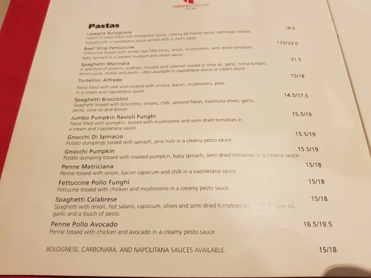 Menu, Rosco's @ Chevron