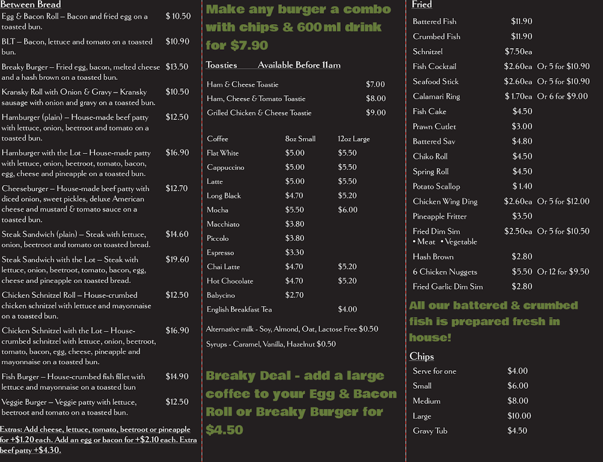 Menu, Murrumbateman Takeaway