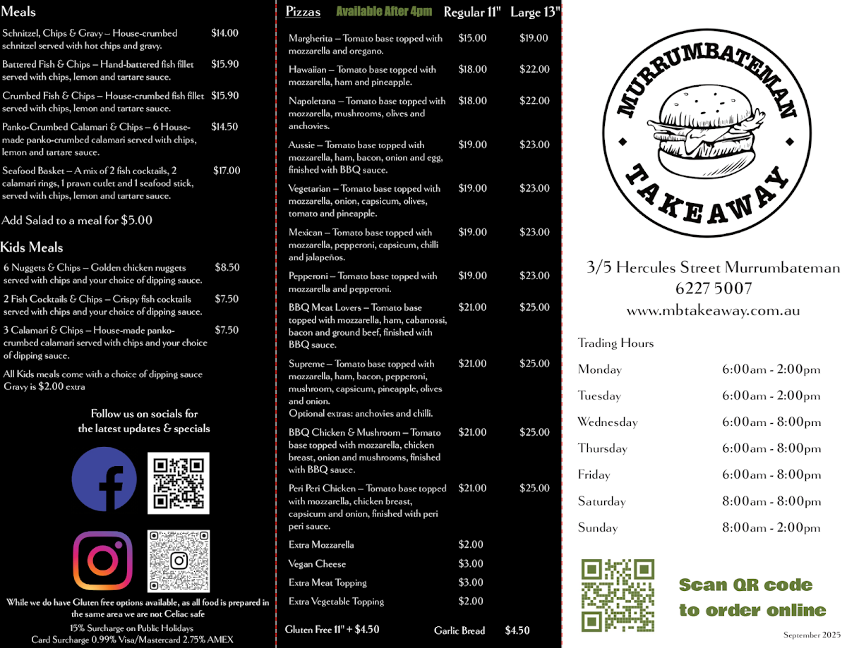 Menu, Murrumbateman Takeaway