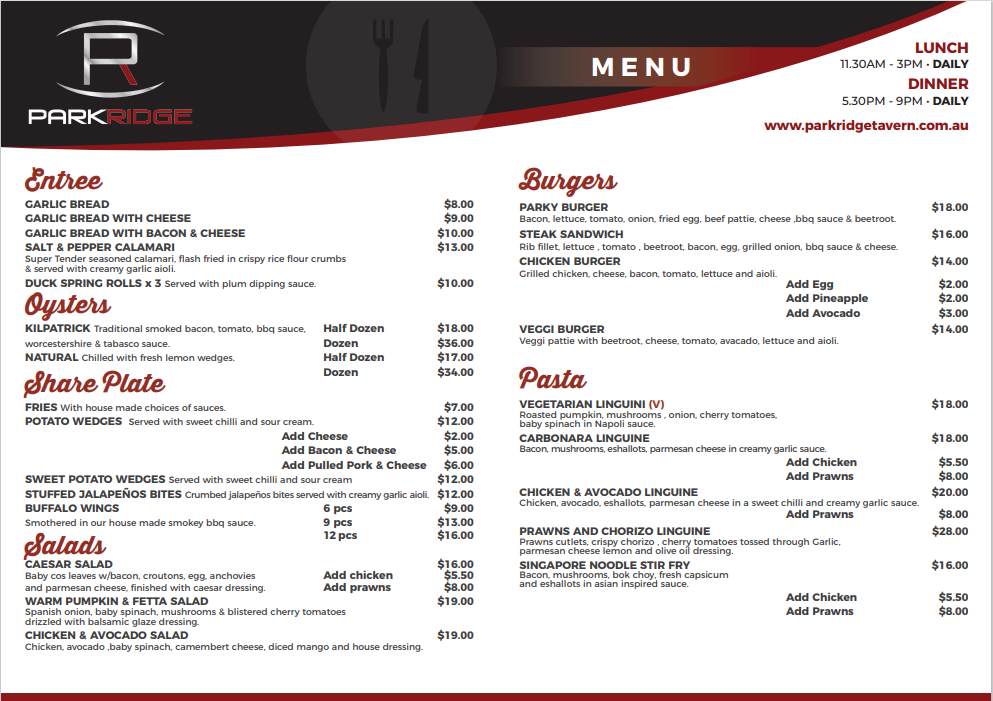 Menu, Park Ridge Tavern