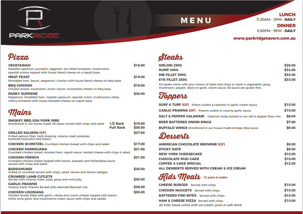 Menu, Park Ridge Tavern