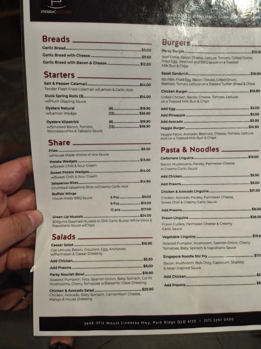 Menu, Park Ridge Tavern