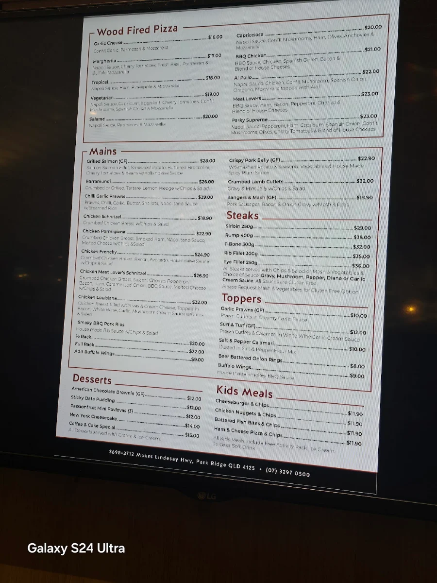 Menu, Park Ridge Tavern