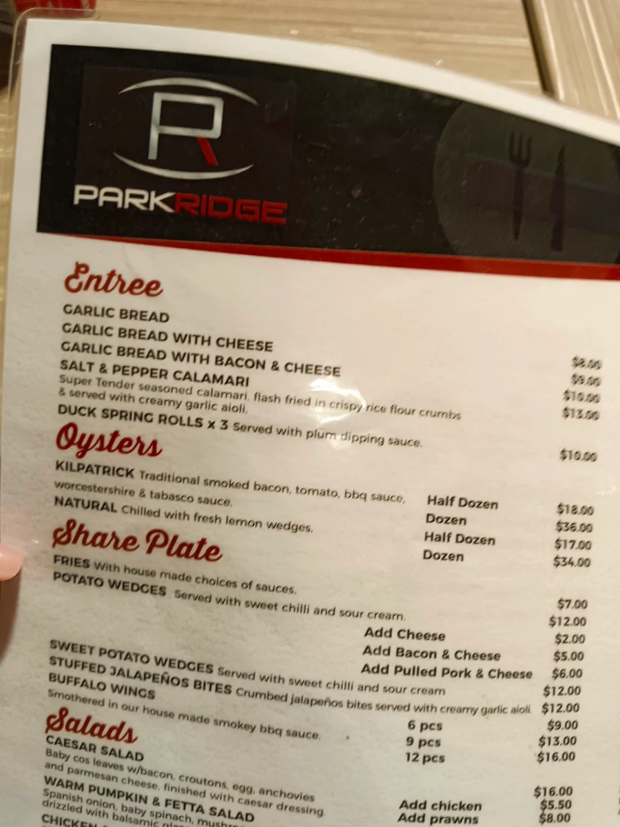 Menu, Park Ridge Tavern