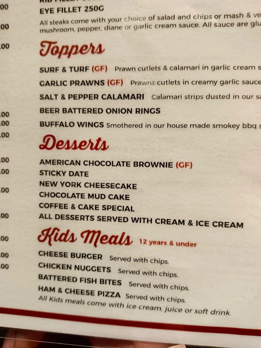 Menu, Park Ridge Tavern