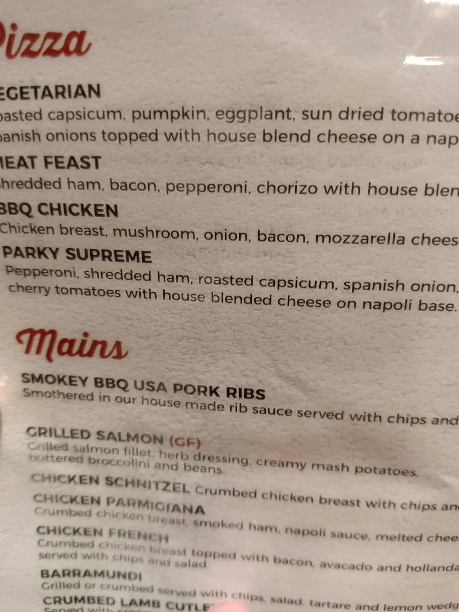 Menu, Park Ridge Tavern