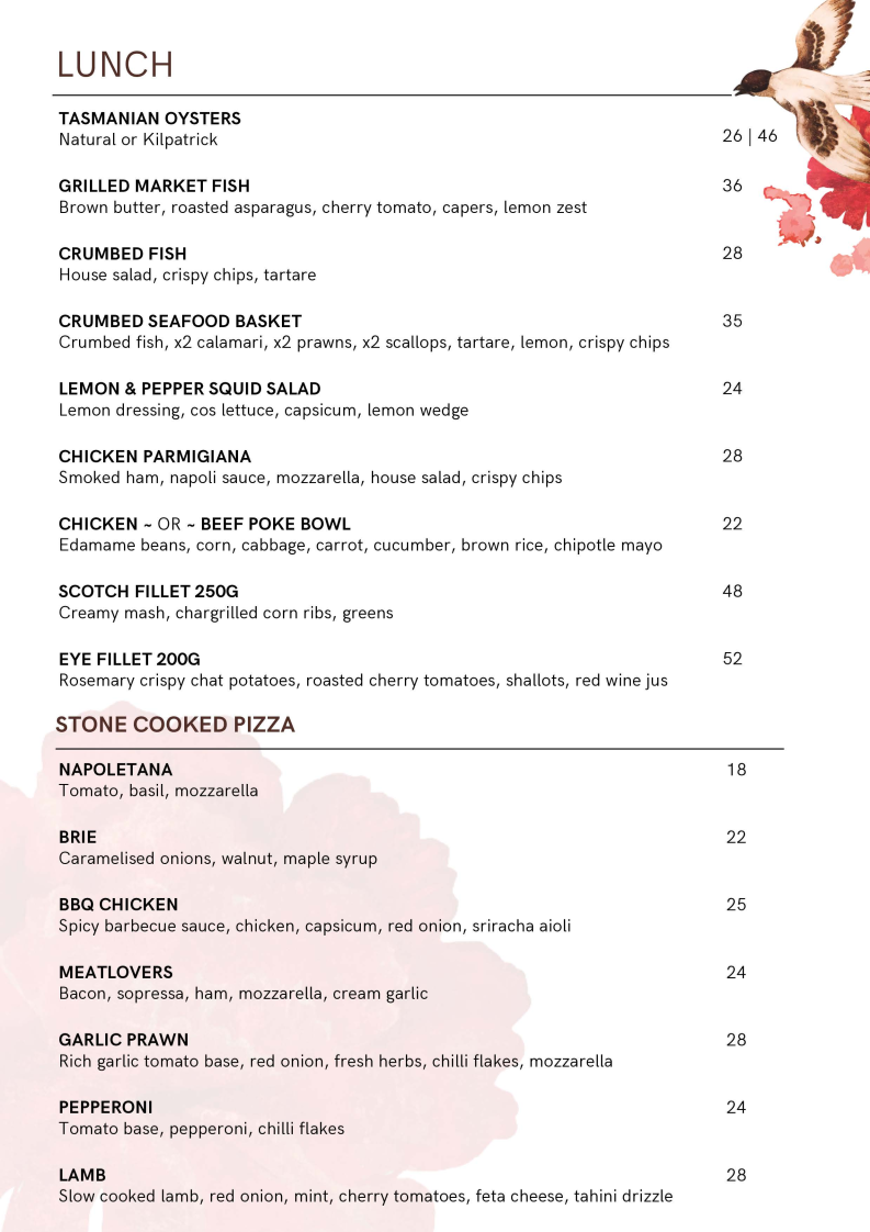 Menu, Birdsong Restaurant