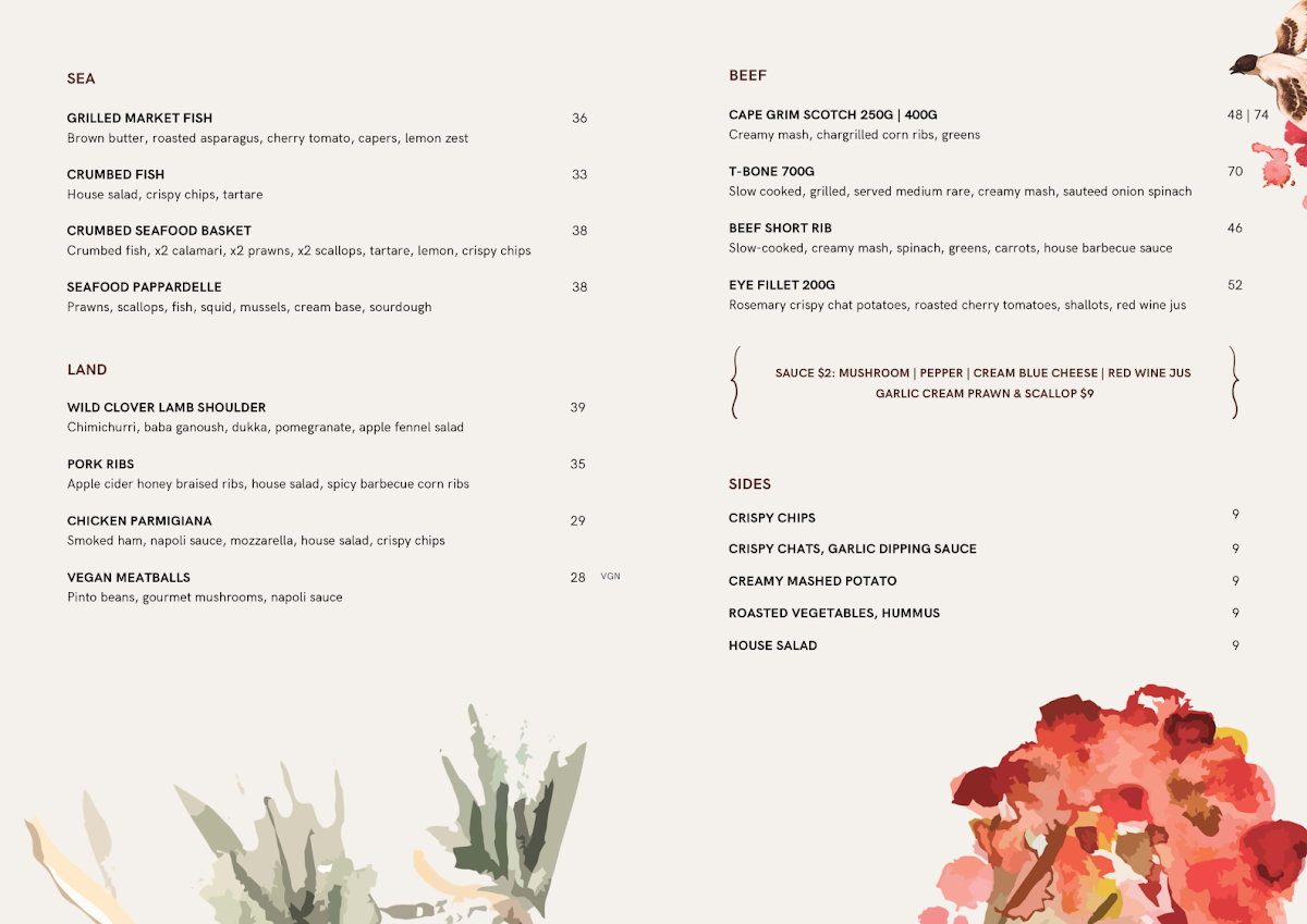 Menu, Birdsong Restaurant