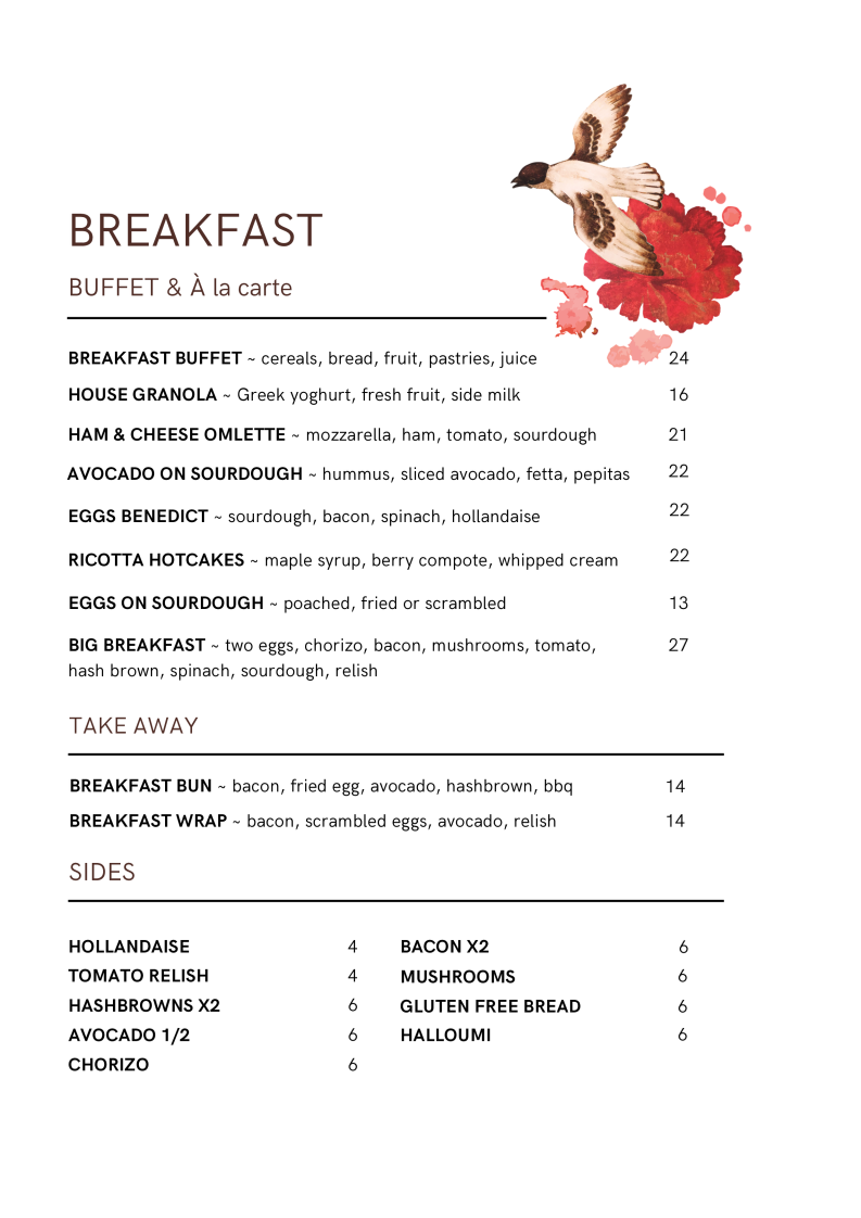 Menu, Birdsong Restaurant