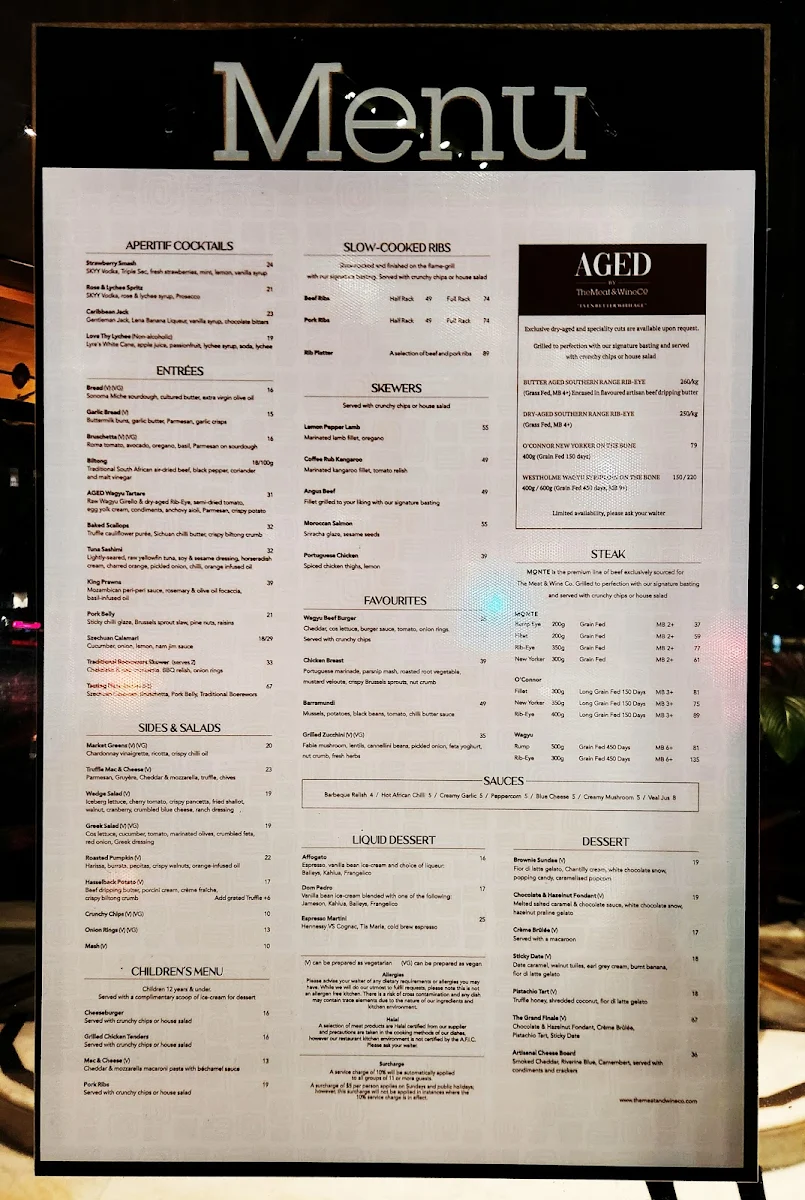 Menu, The Meat & Wine Co Perth CBD