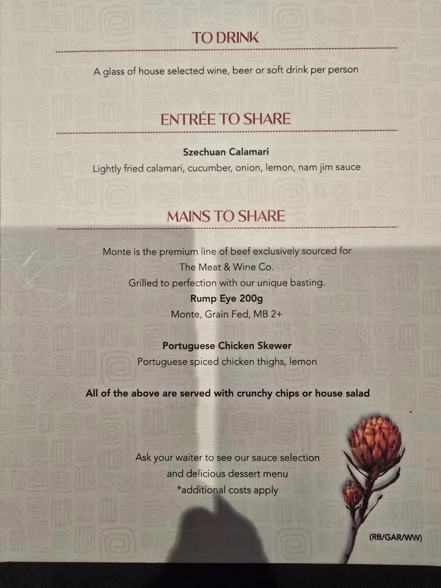Menu, The Meat & Wine Co Perth CBD