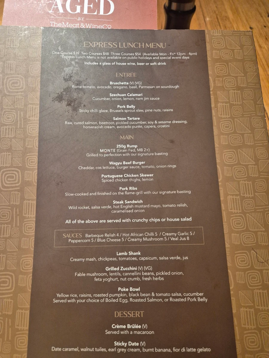 Menu, The Meat & Wine Co Perth CBD