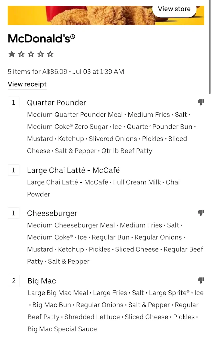 Menu, McDonald's O'Connor
