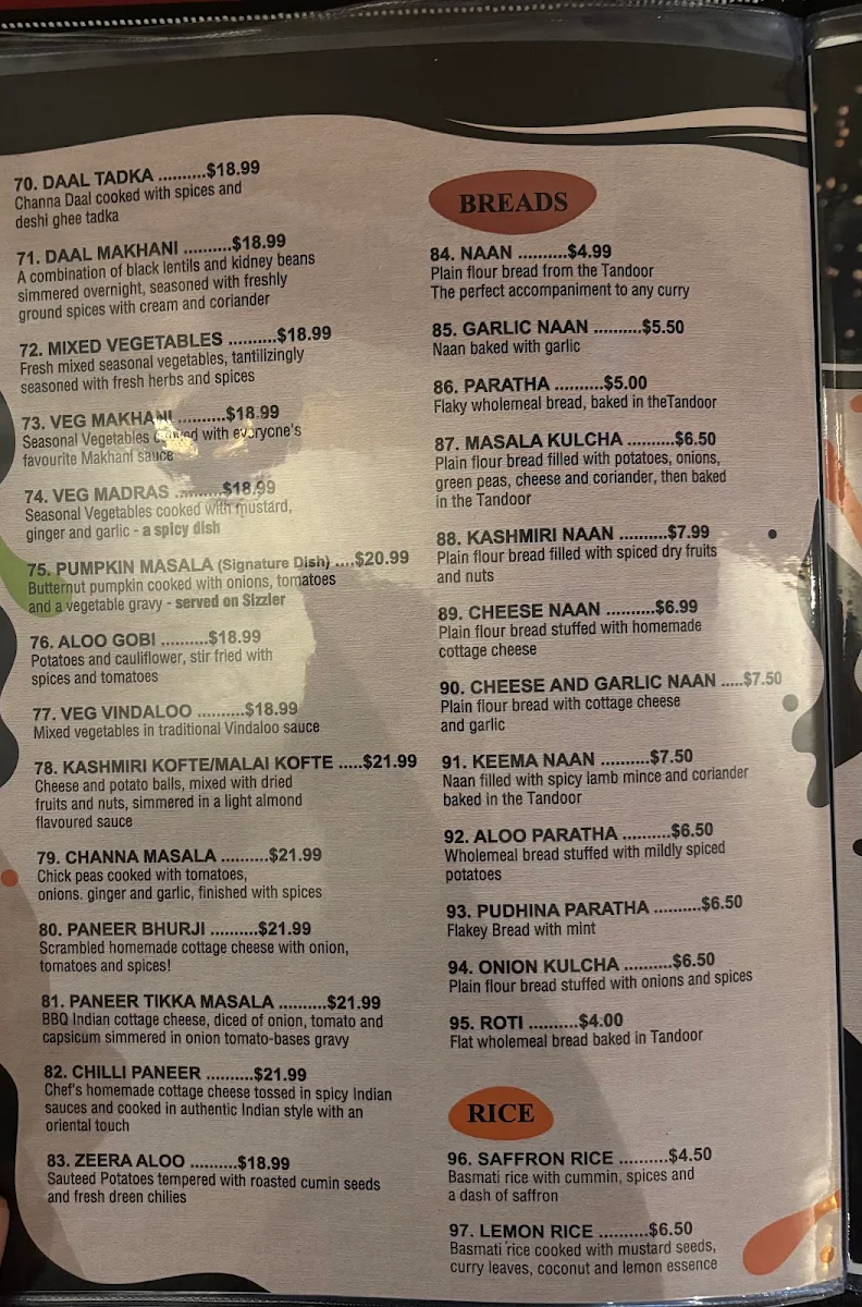 Menu, Aashiana Indian Restaurant