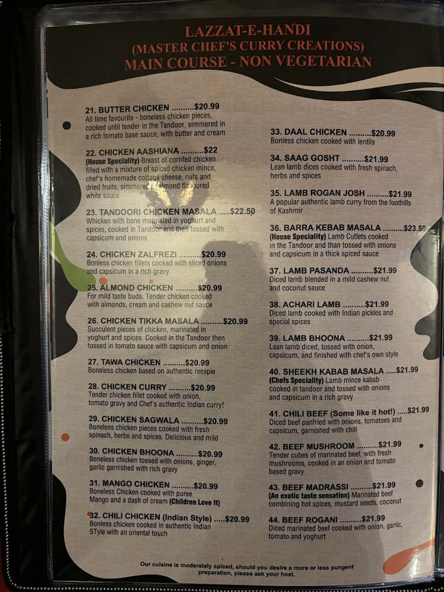 Menu, Aashiana Indian Restaurant
