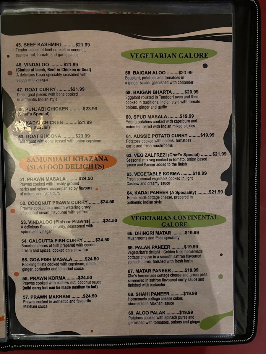 Menu, Aashiana Indian Restaurant