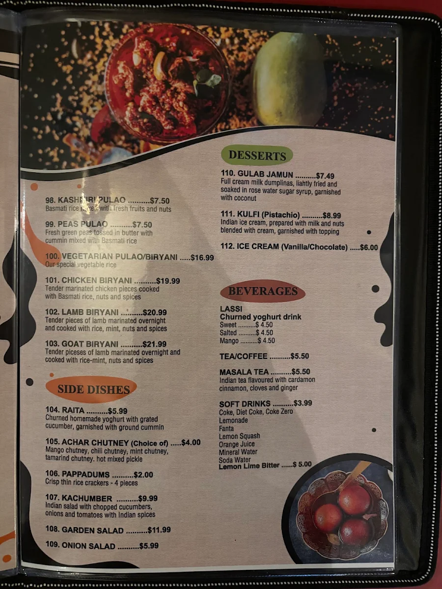Menu, Aashiana Indian Restaurant