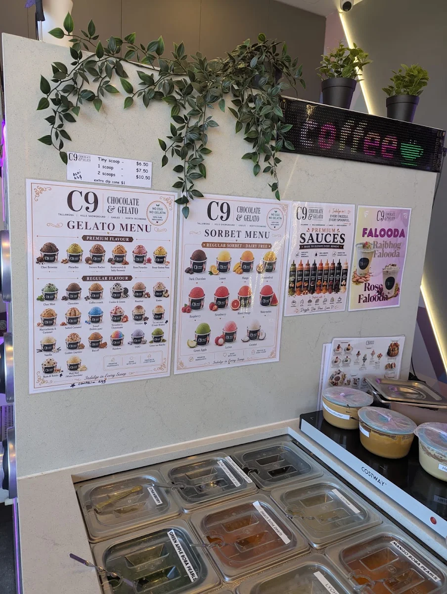 Menu, C9 Chocolate & Gelato - Castle Hill Showground