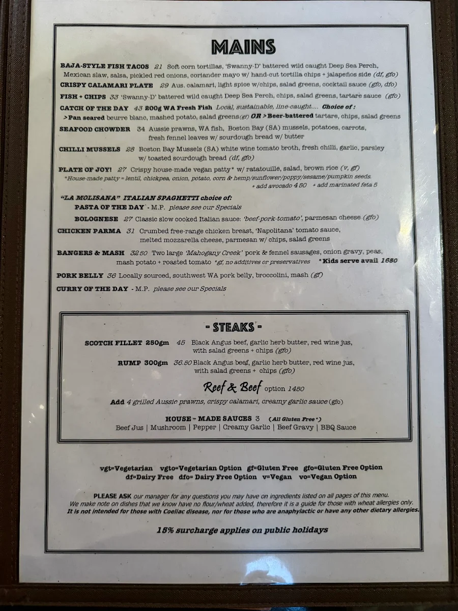 Menu, Settlers Tavern