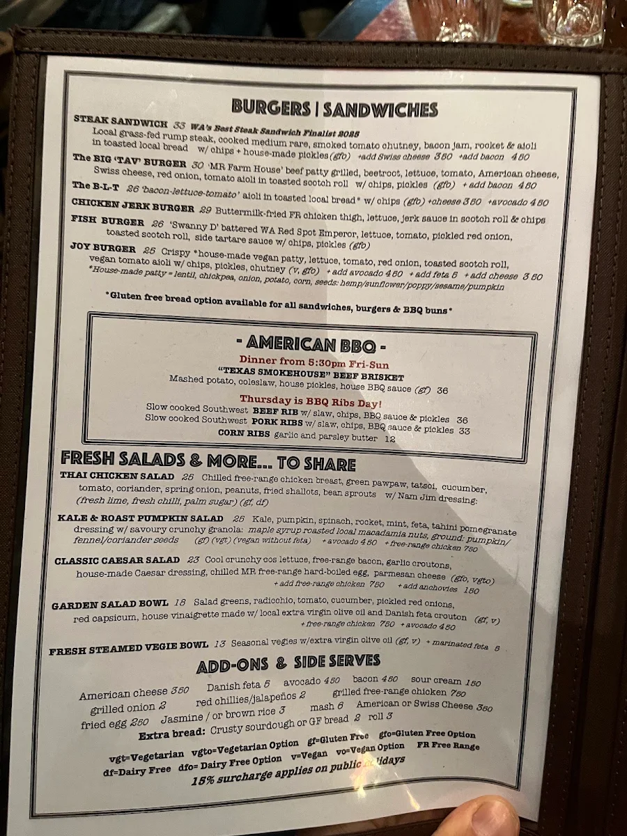 Menu, Settlers Tavern