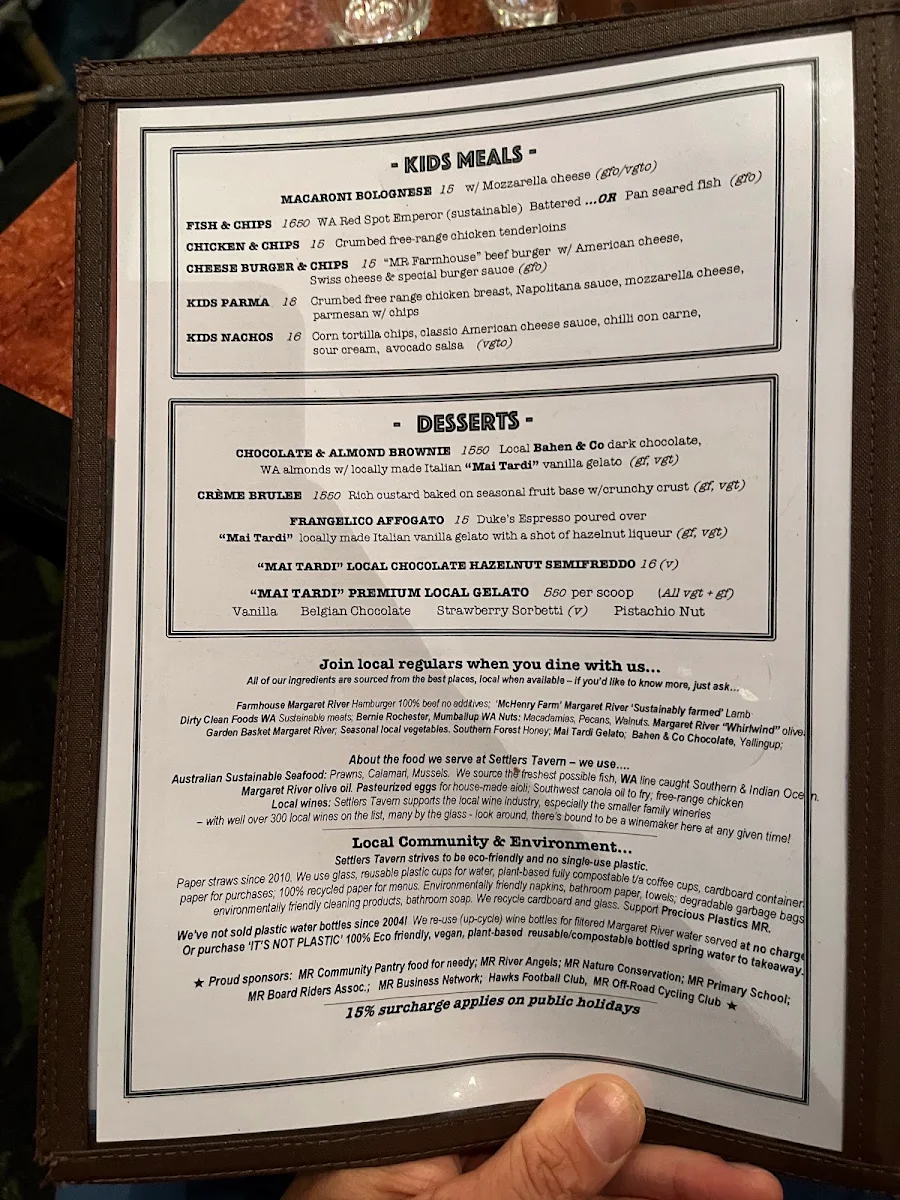 Menu, Settlers Tavern